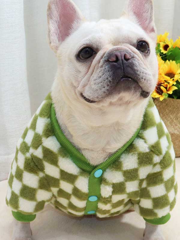 GMTPET Green and white checkerboard fat dog bulldog pug dog French fighting winter clothes plus velvet thick cardigan plush sweater 107-222039 gmtproducts.com